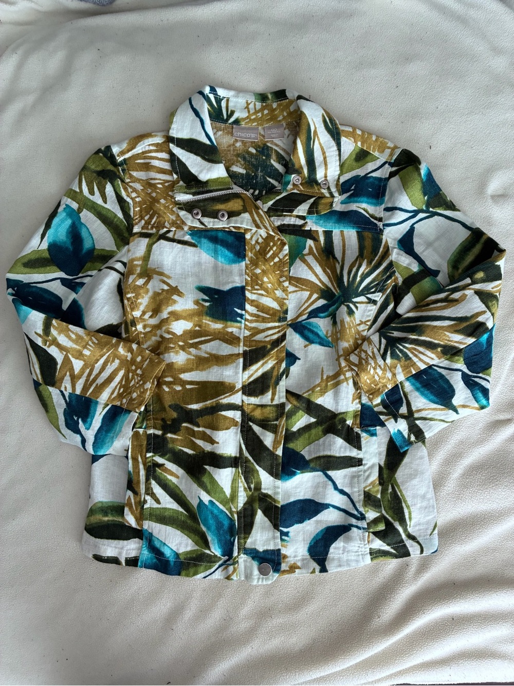 Chico's Botanical Print Linen-Blend Jacket - Teal, Olive & Gold